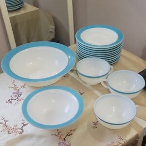Pyrex Aqua and White Dinnerware Set